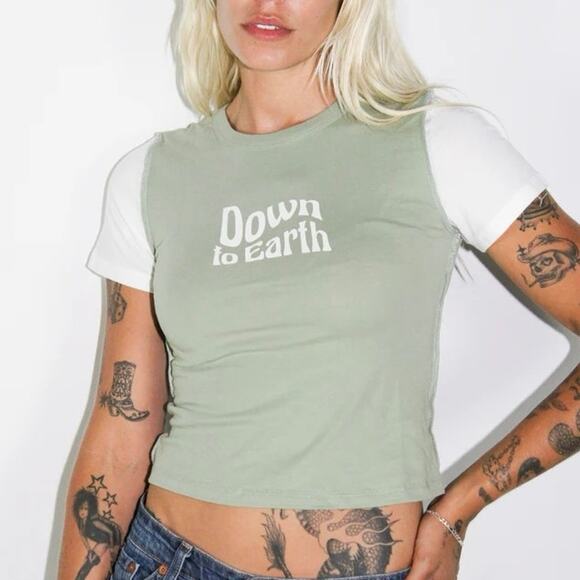Denimcratic Free People Down To Earth Baby Tee in Green White - Picture 1 of 7